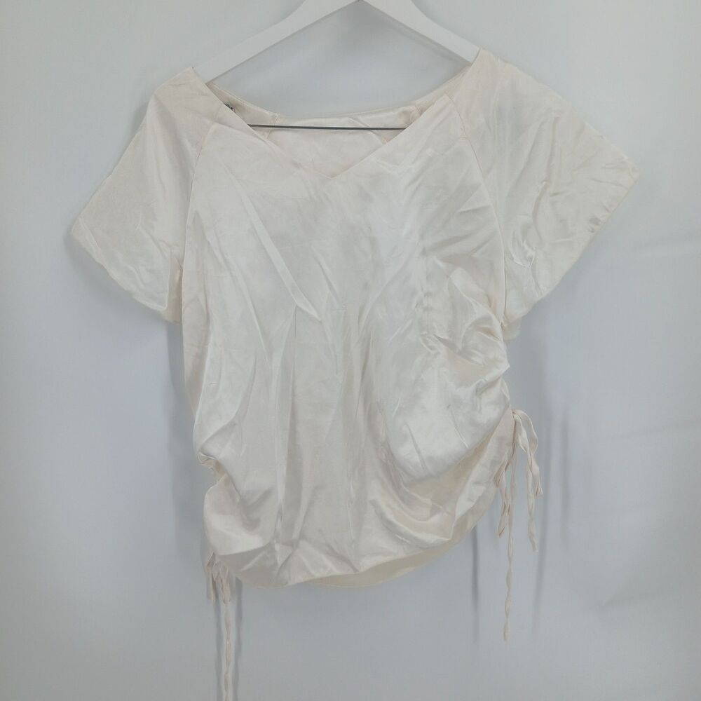 womens shein White side rouching Short Sleeve Crop Top Blouse Size Large